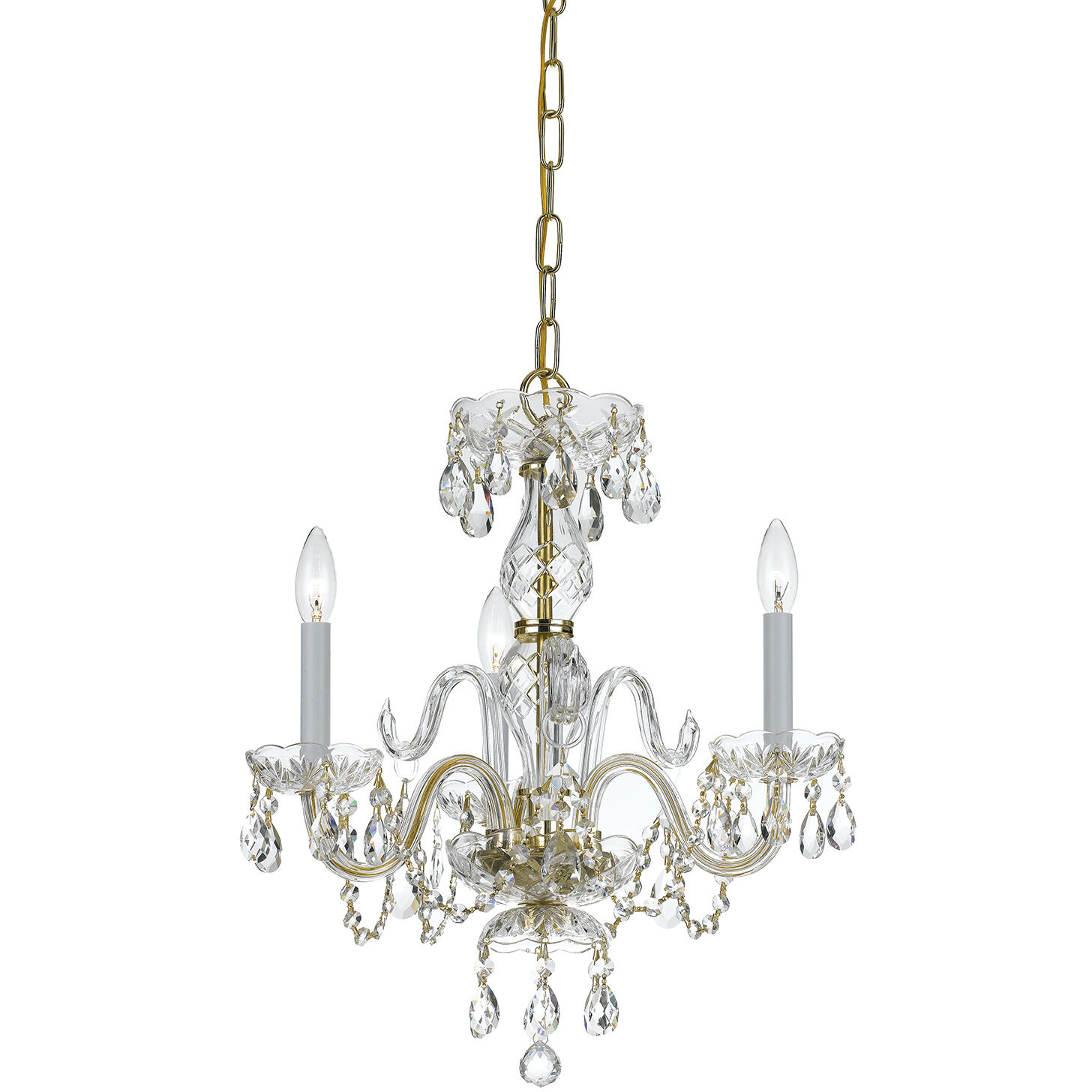 Traditional Crystal 3 Light 16 inch Polished Brass Mini Chandelier Ceiling Light in Clear Hand Cut