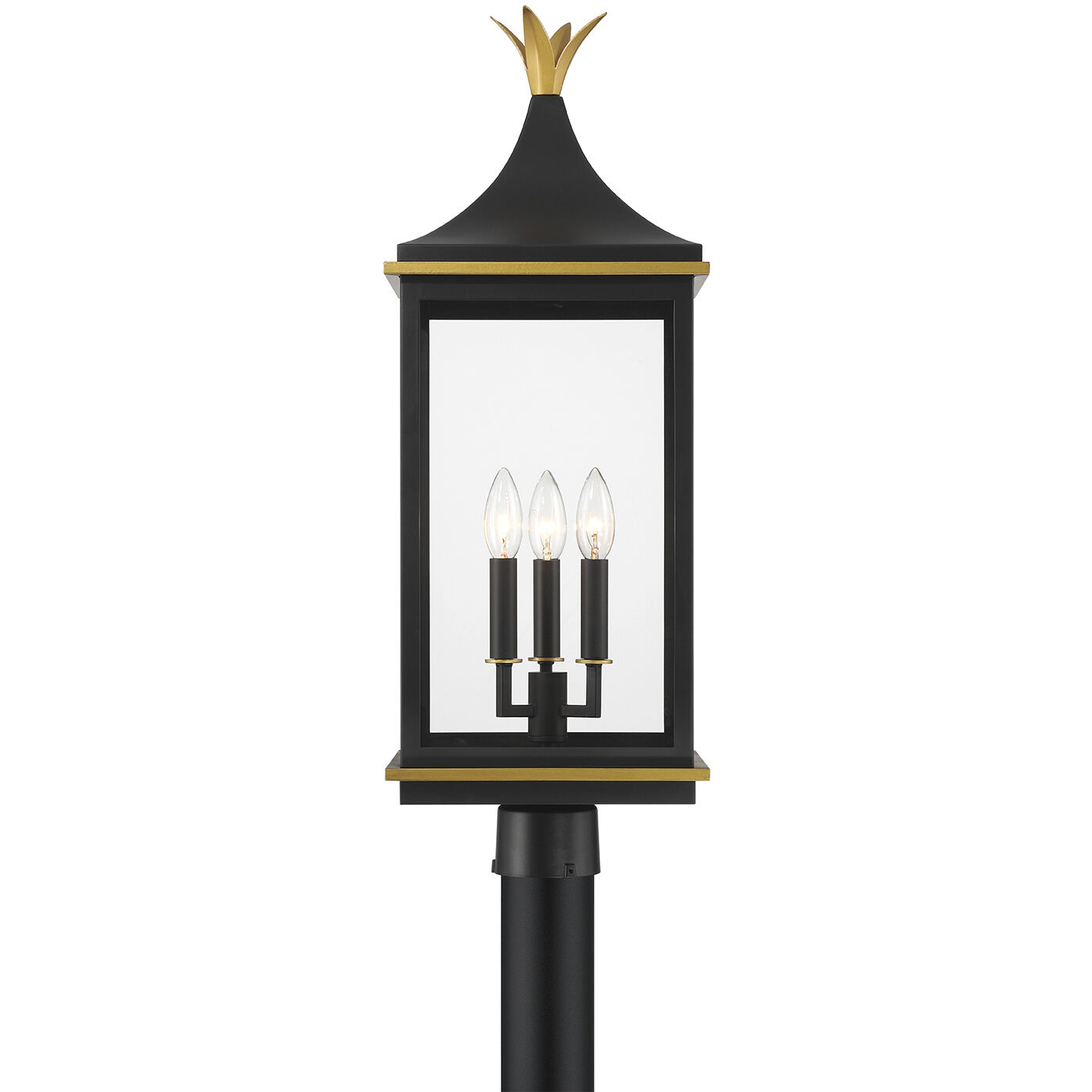 Simpson 3 Light 27.75 inch Matte Black and Textured Gold Outdoor Post