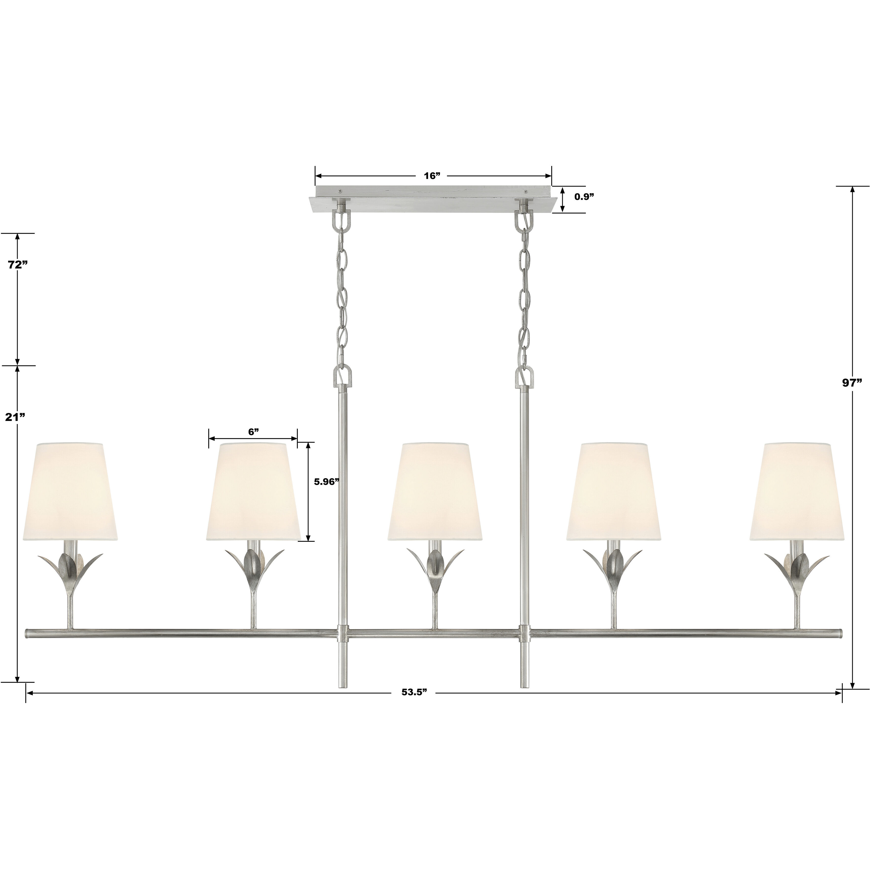 Broche 5 Light 53.5 inch Antique Silver Linear Chandelier Ceiling Light