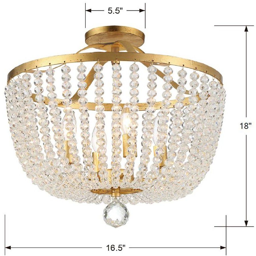 Rylee 4 Light 16.5 inch Antique Gold Semi Flush Ceiling Light in Hand Cut Crystal