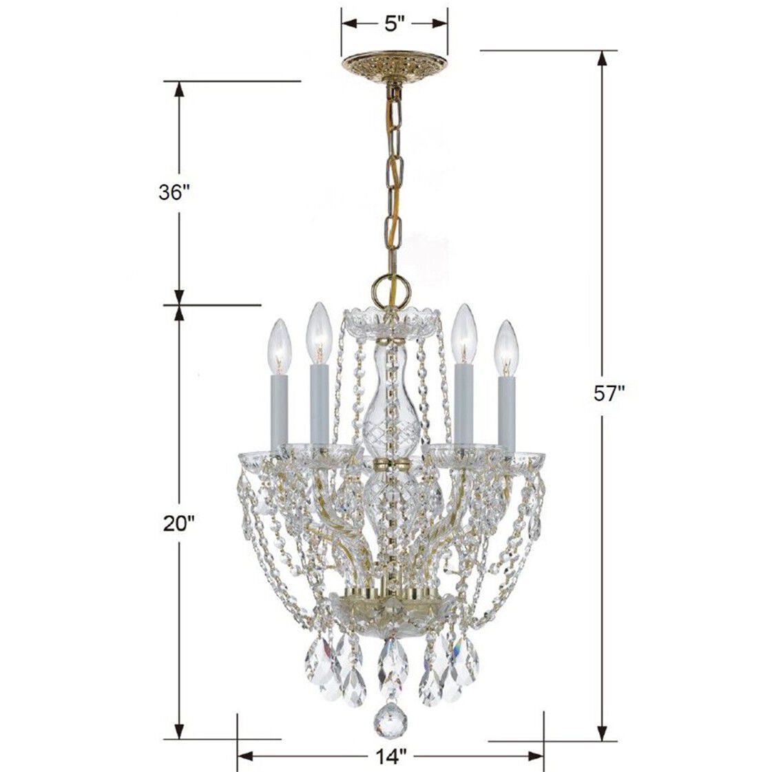 Traditional Crystal 5 Light 14 inch Polished Brass Mini Chandelier Ceiling Light in Clear Hand Cut