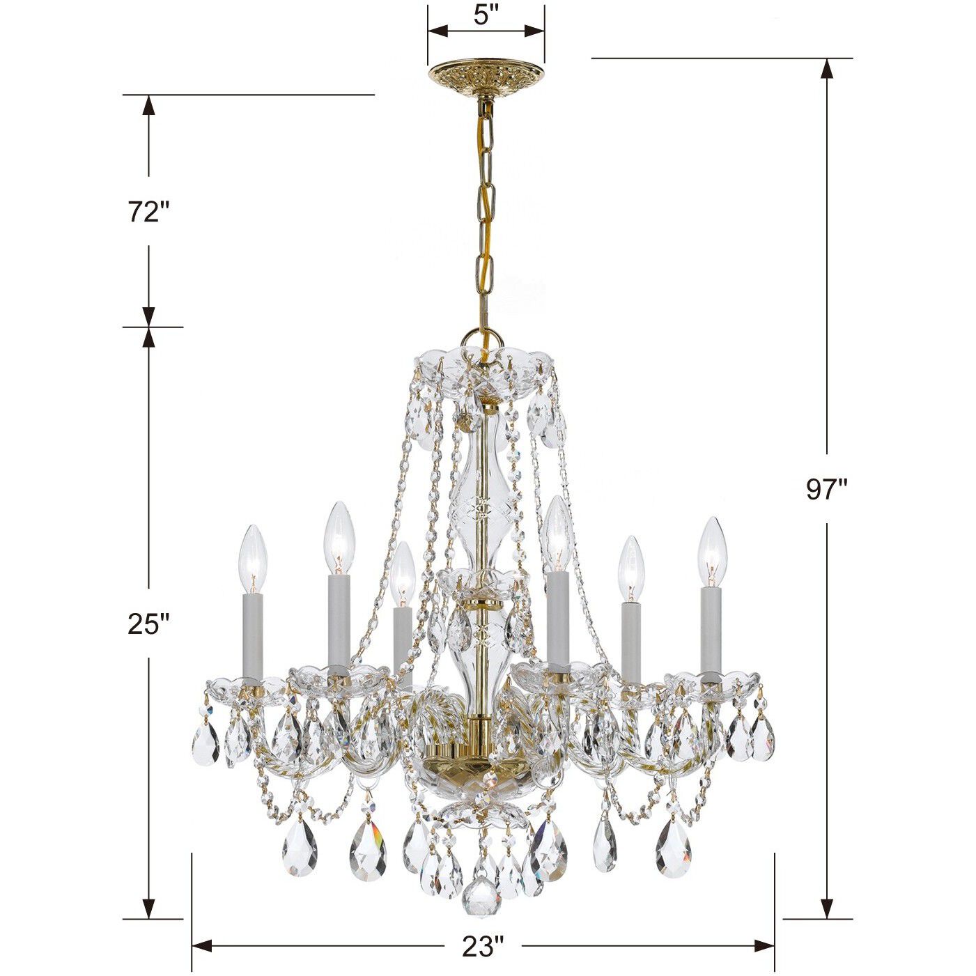 Traditional Crystal 6 Light 23 inch Polished Brass Chandelier Ceiling Light in Clear Hand Cut