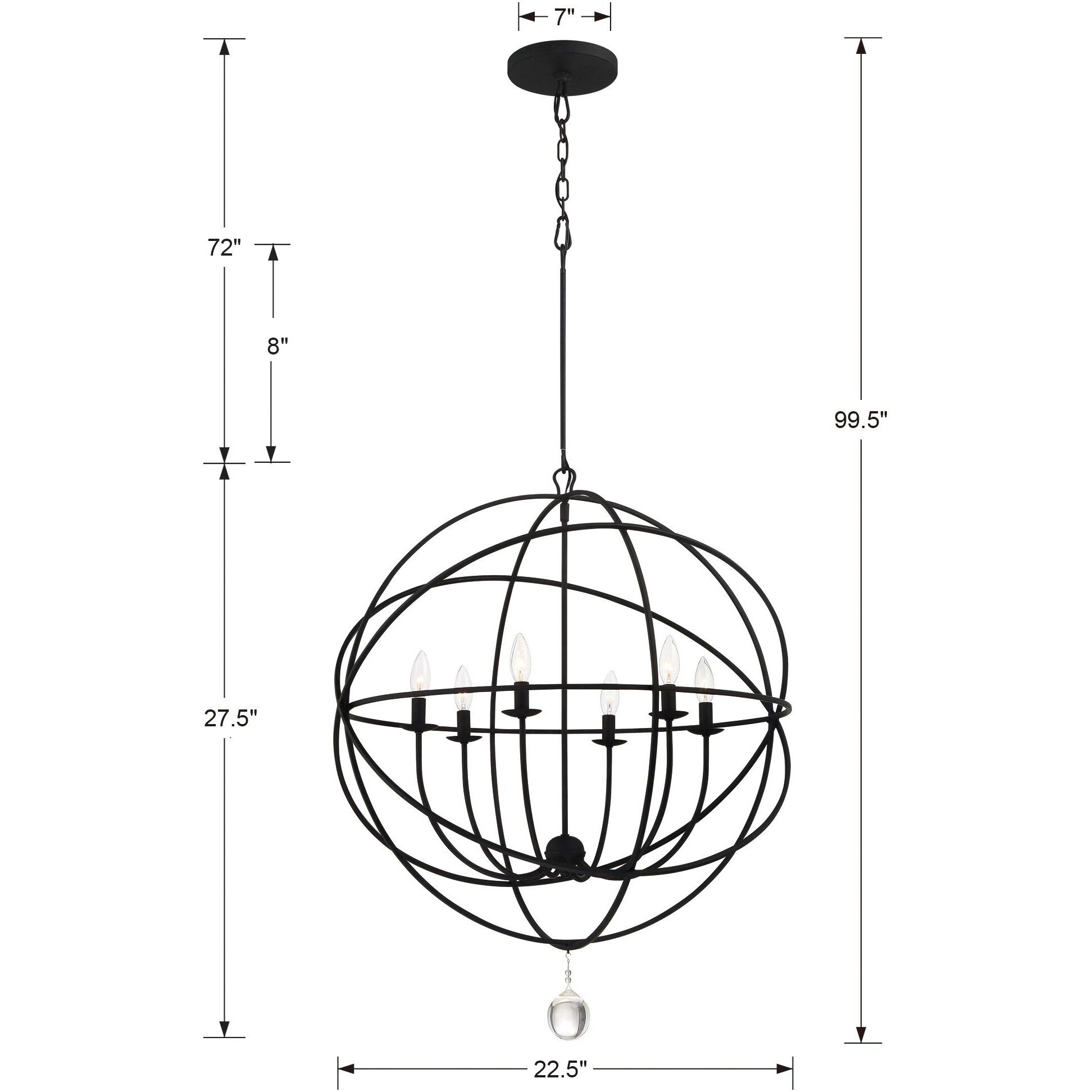 Solaris 6 Light 22.5 inch Black Chandelier Ceiling Light