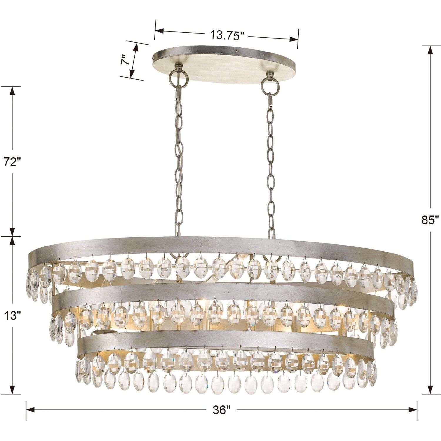 Perla 6 Light 36 inch Antique Silver Linear Chandelier Ceiling Light
