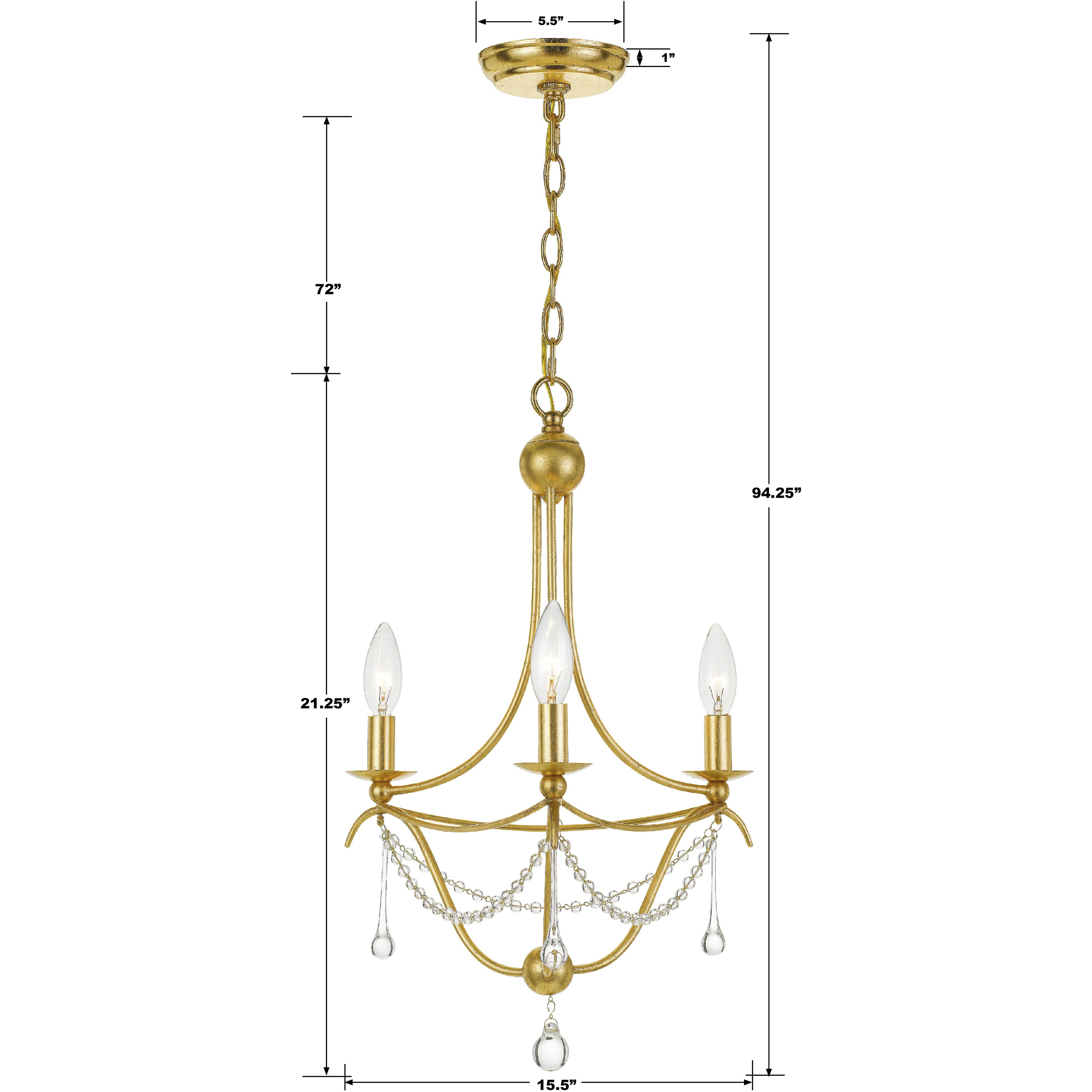 Metro 3 Light 15.5 inch Antique Gold Mini Chandelier Ceiling Light