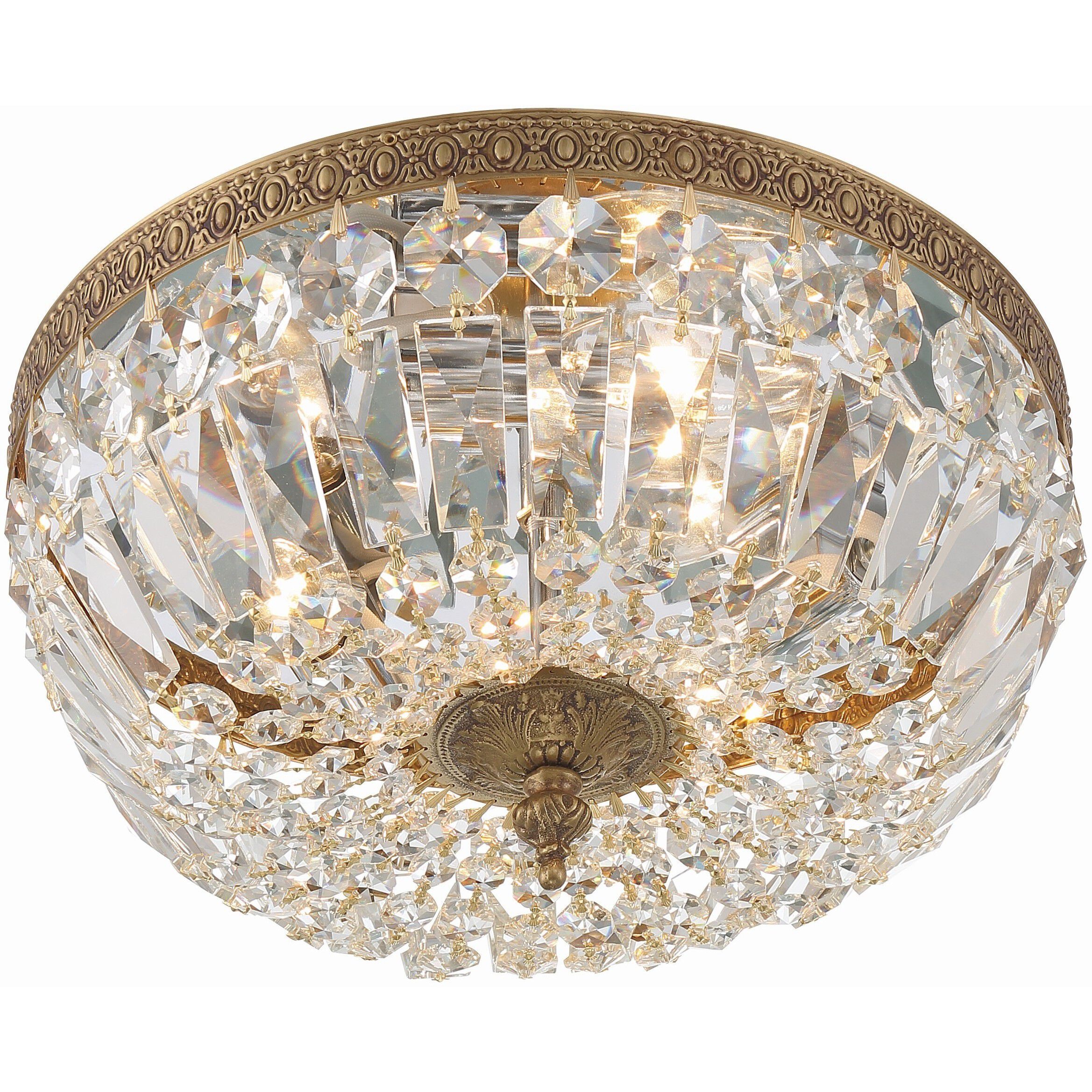 Waltham 3 Light 12 inch Olde Brass Flush Ceiling Light in Clear Italian