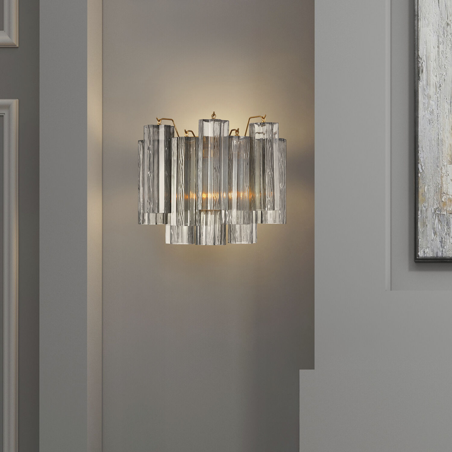Addis Bath Wall Light in Aged Brass, Tronchi Glass Smoke
