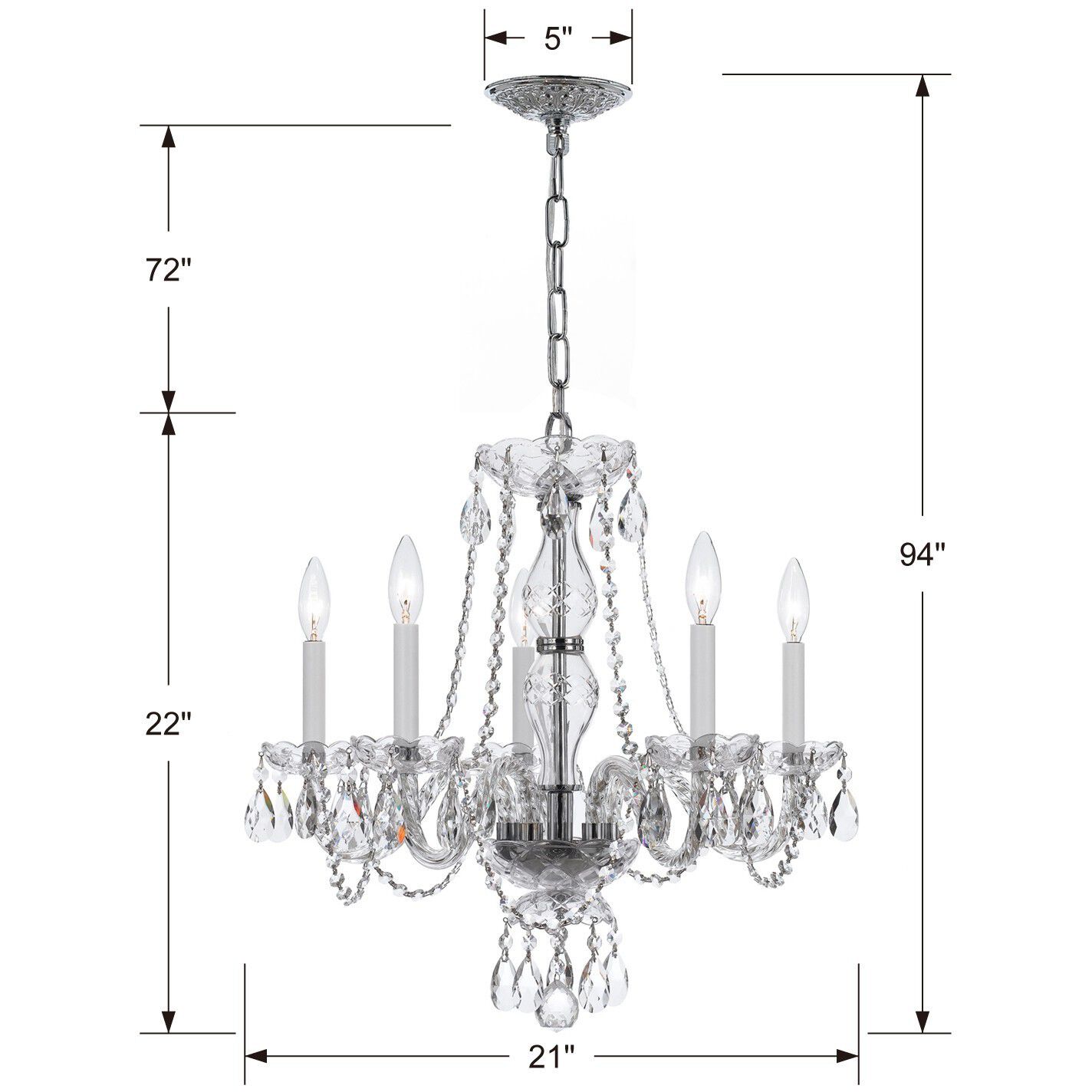 Traditional Crystal 5 Light 21 inch Polished Chrome Chandelier Ceiling Light in Clear Swarovski Strass