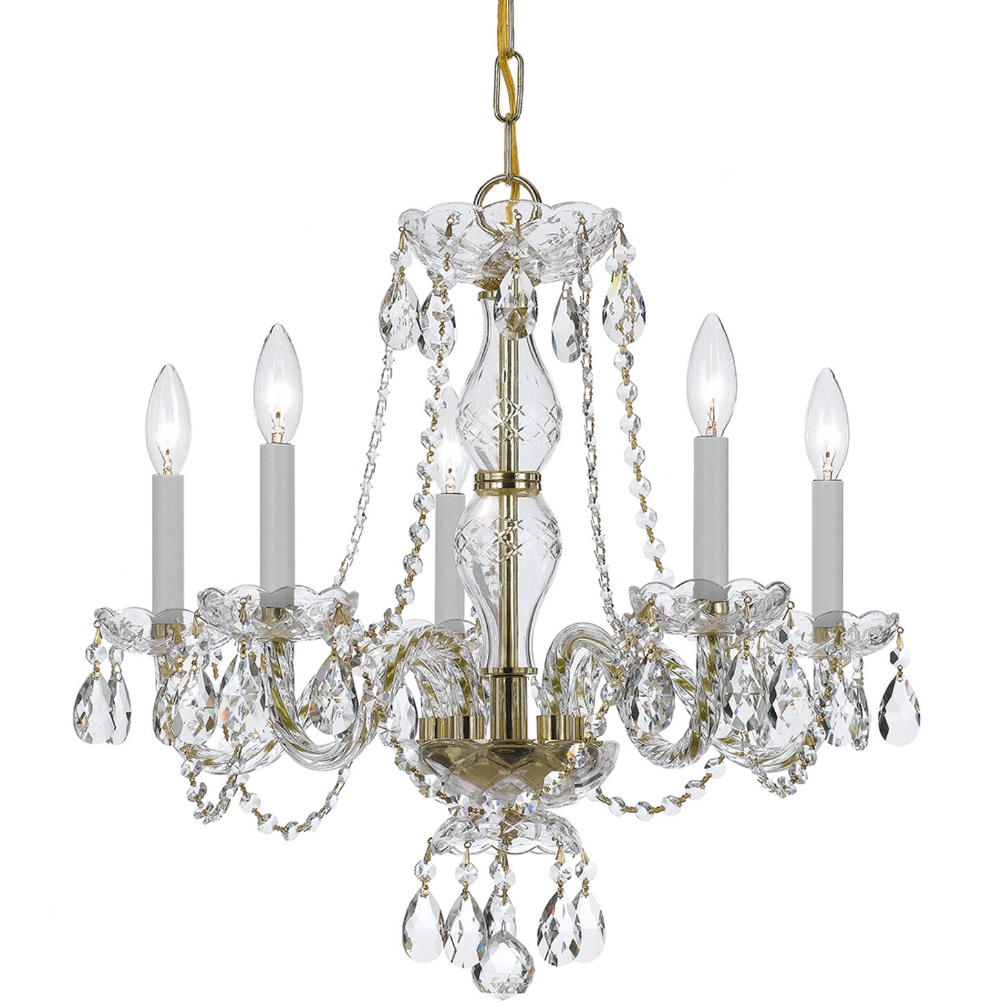 Traditional Crystal 5 Light 21 inch Polished Brass Chandelier Ceiling Light
