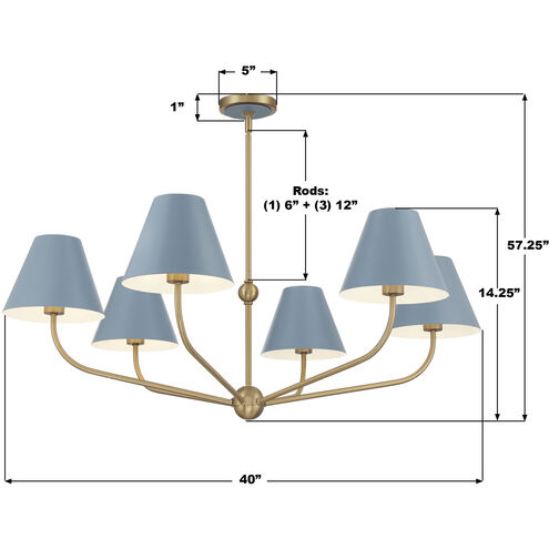 Xavier 6 Light 40 inch Vibrant Gold and Blue Chandelier Ceiling Light