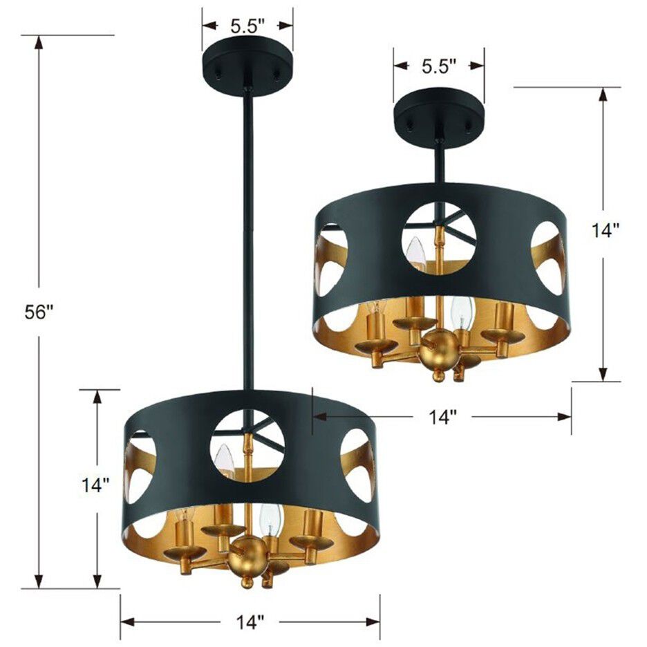 Odelle 4 Light 14 inch Black and Antique Gold Semi Flush Ceiling Light