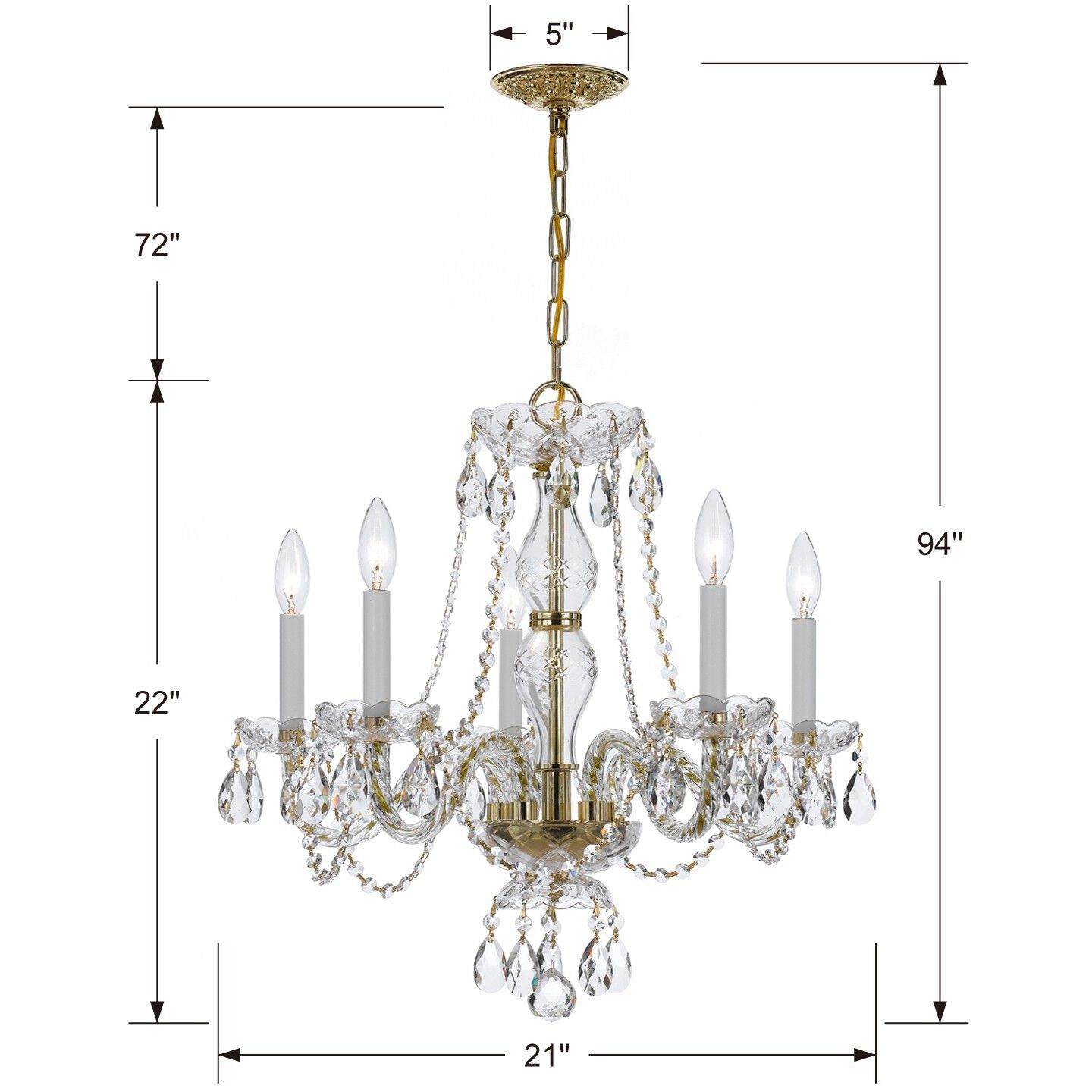 Traditional Crystal 5 Light 21 inch Polished Brass Chandelier Ceiling Light