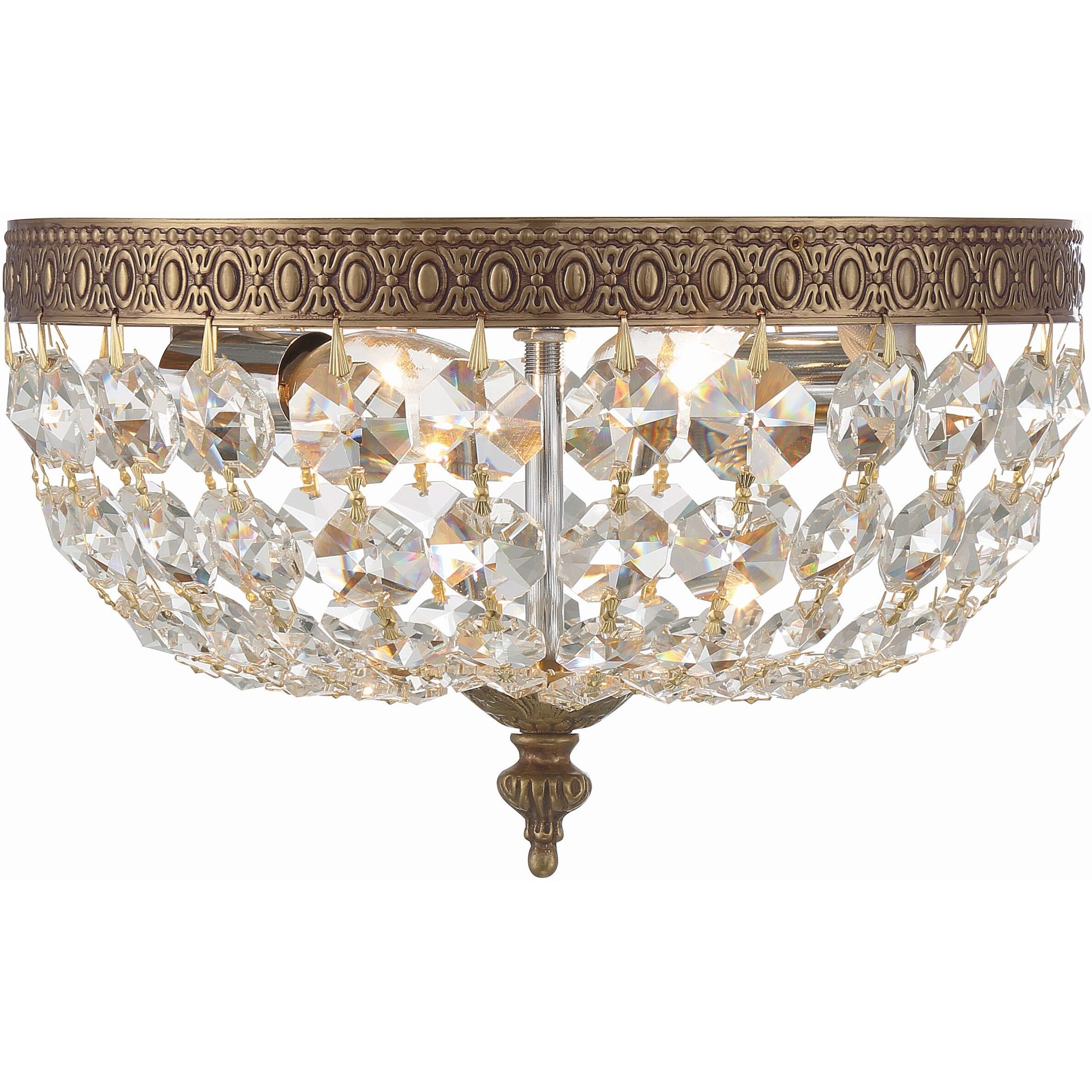 Waltham 2 Light 10 inch Olde Brass Flush Ceiling Light in Clear Hand Cut