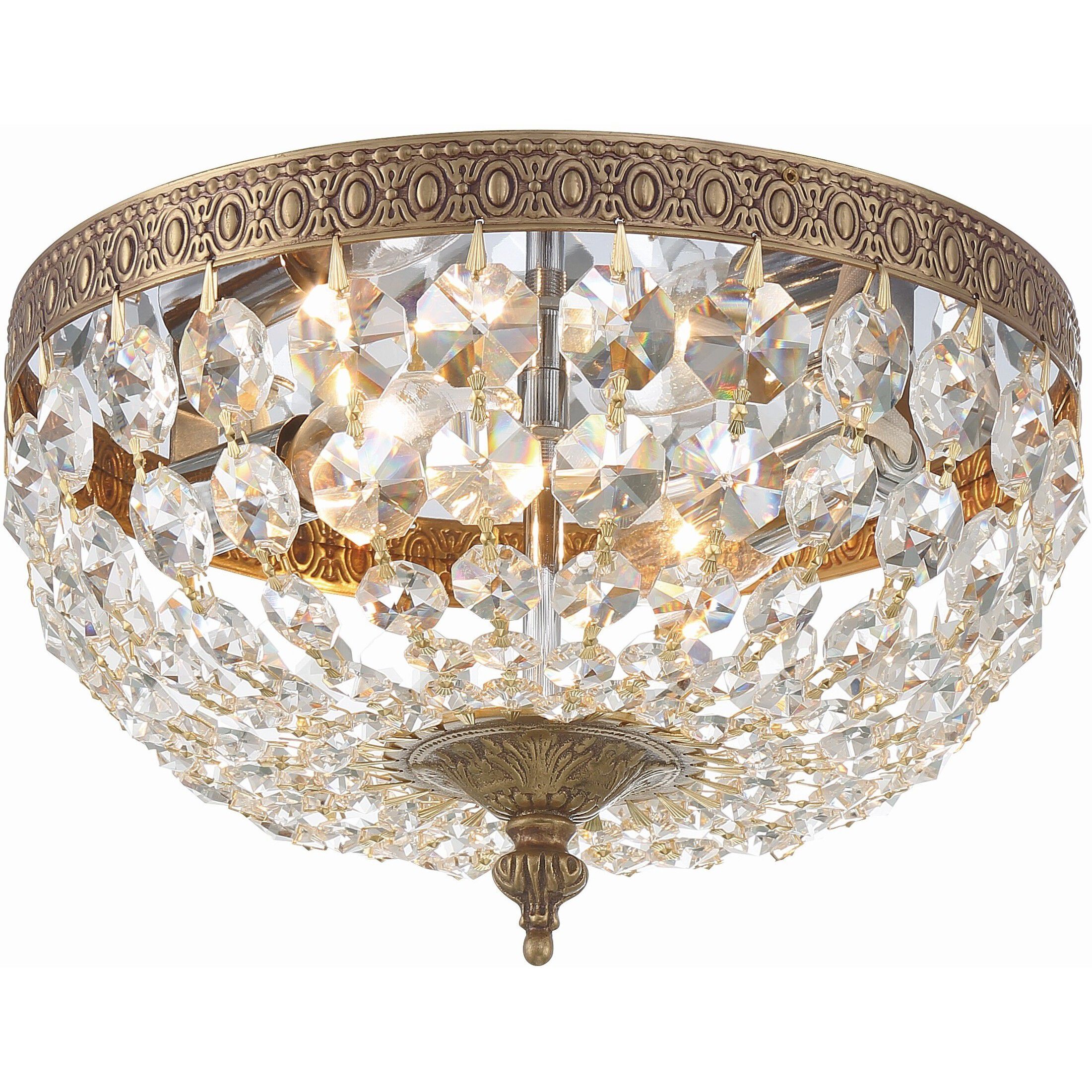 Waltham 2 Light 10 inch Olde Brass Flush Ceiling Light in Clear Hand Cut