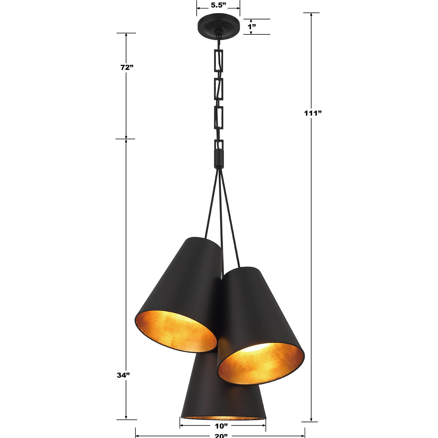 Alston 3 Light 20 inch Matte Black/Antique Gold Pendant Ceiling Light in Matte Black and Antique Gold