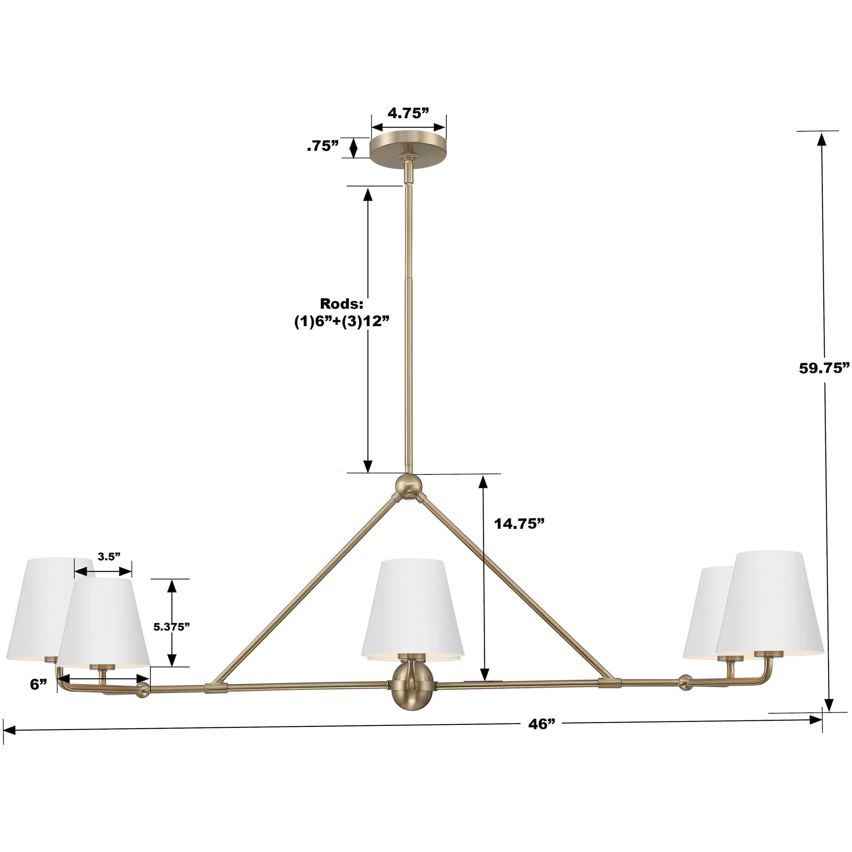Xavier 6 Light 46 inch Vibrant Gold Linear Chandelier Ceiling Light in Vibrant Gold and White