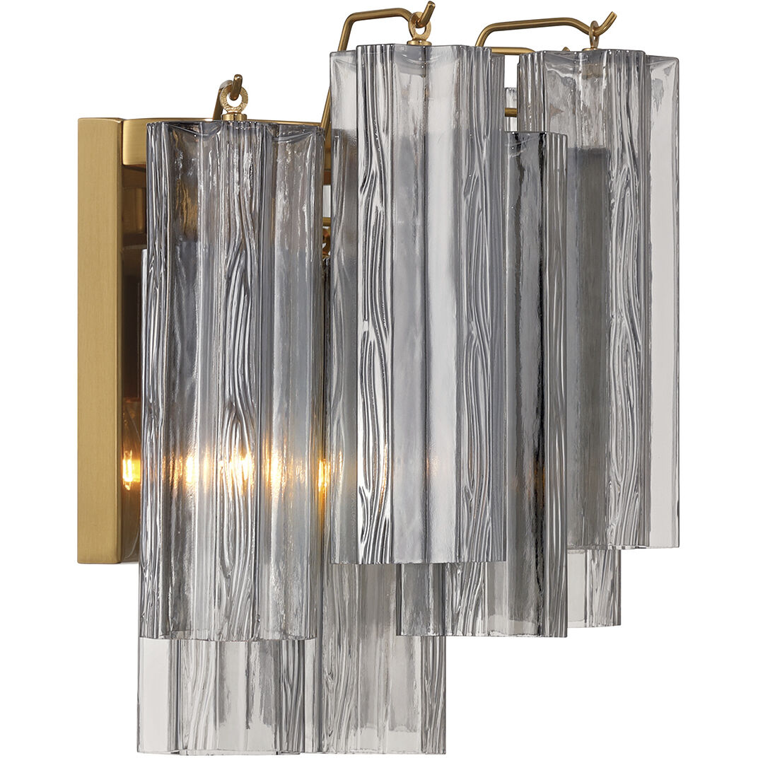 Addis Bath Wall Light in Aged Brass, Tronchi Glass Smoke
