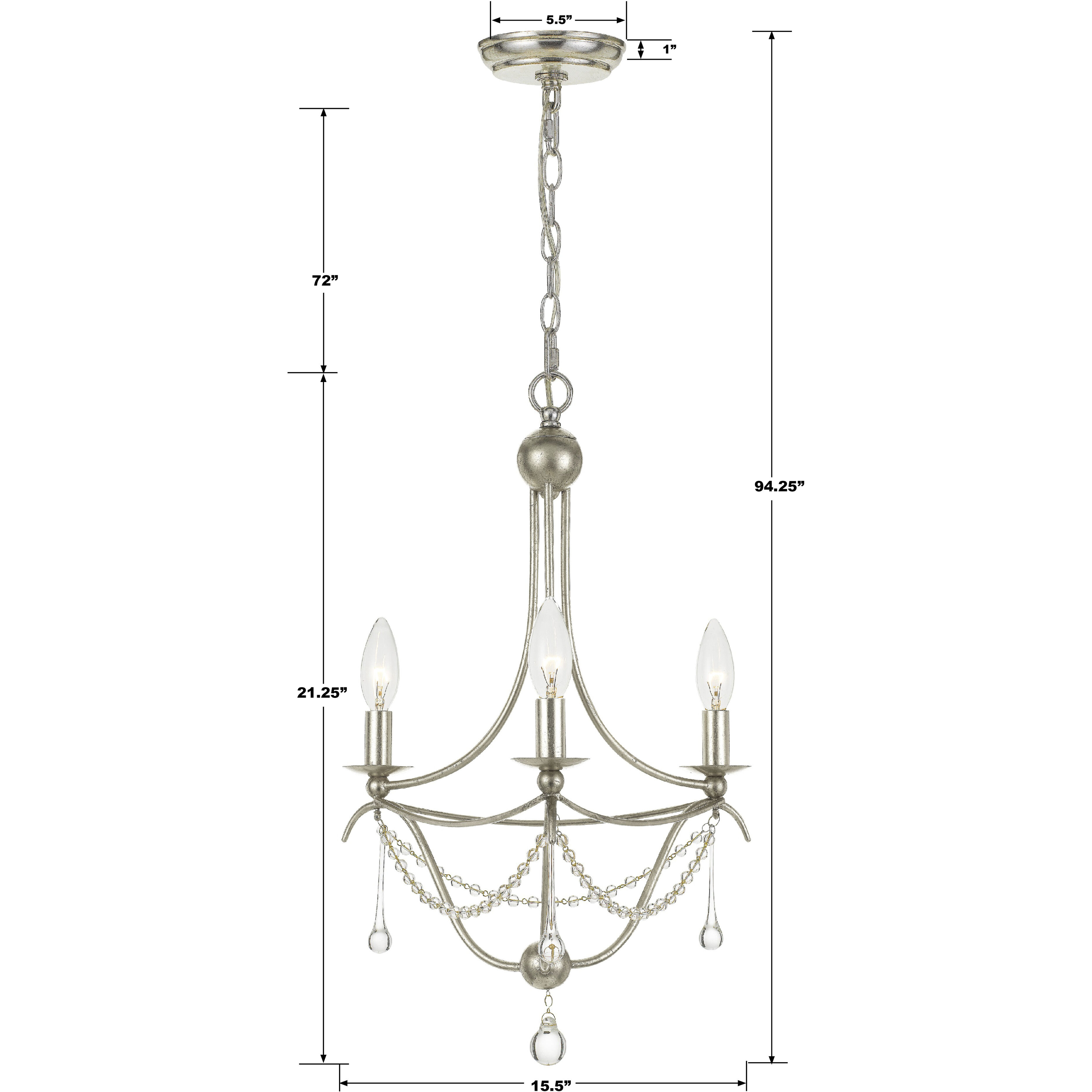 Metro 3 Light 15.5 inch Antique Silver Mini Chandelier Ceiling Light