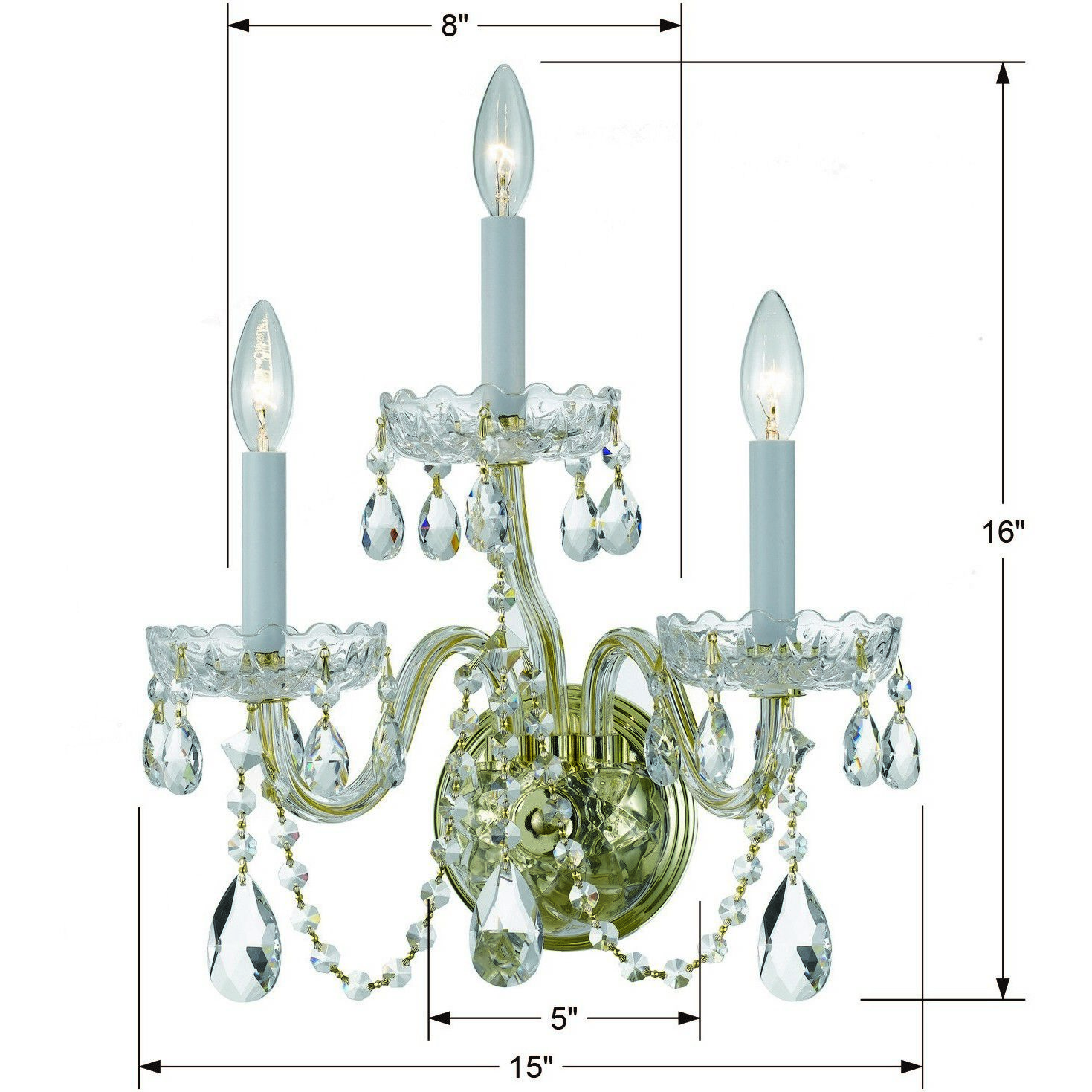 Traditional Crystal 3 Light 15 inch Polished Brass Sconce Wall Light in Clear Hand Cut