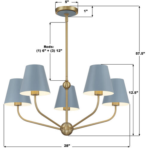 Xavier 5 Light 28 inch Vibrant Gold and Blue Chandelier Ceiling Light