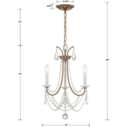 Karrington 3 Light 14 inch Aged Brass Mini Chandelier Ceiling Light