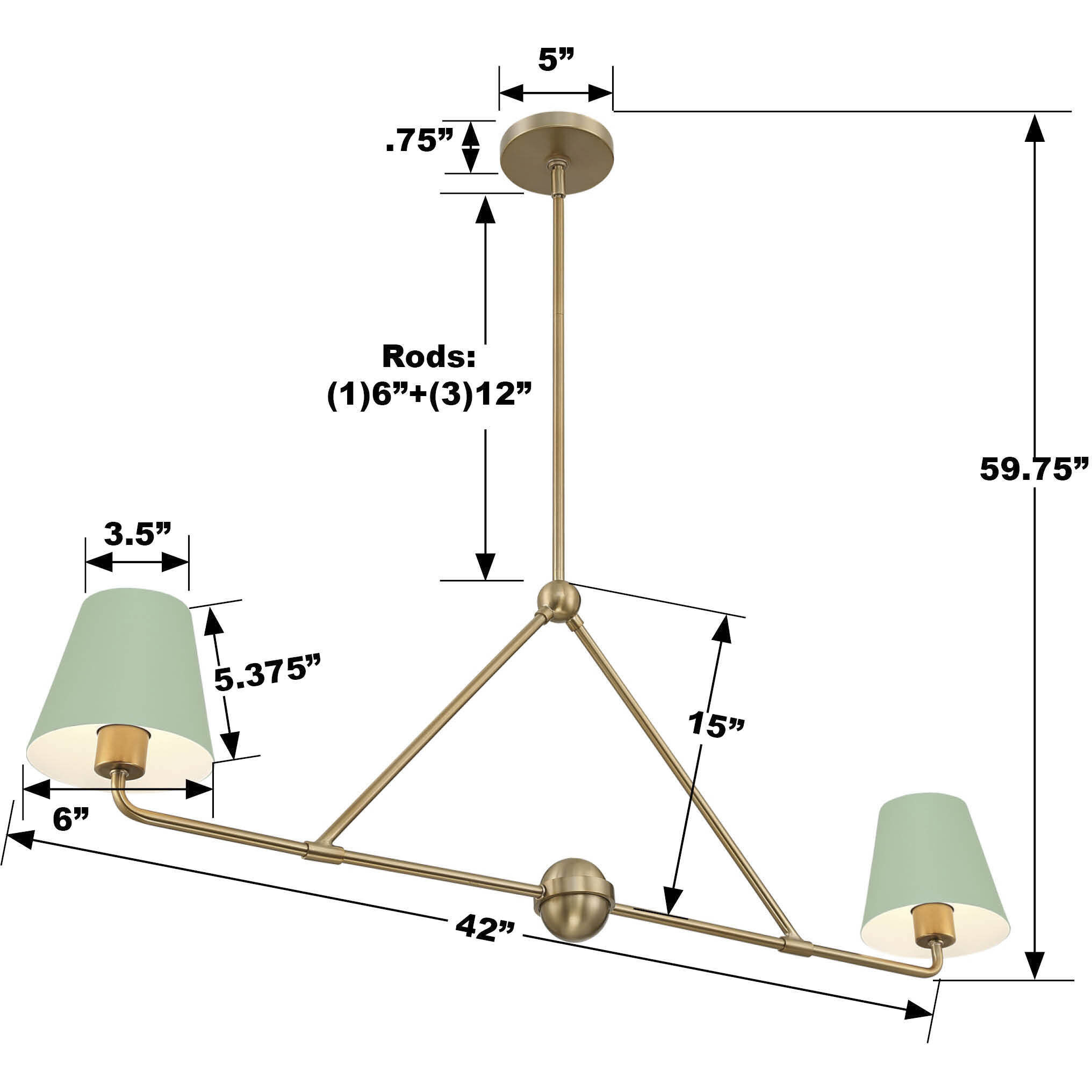 Xavier 2 Light 42 inch Vibrant Gold Linear Chandelier Ceiling Light in Vibrant Gold and Green