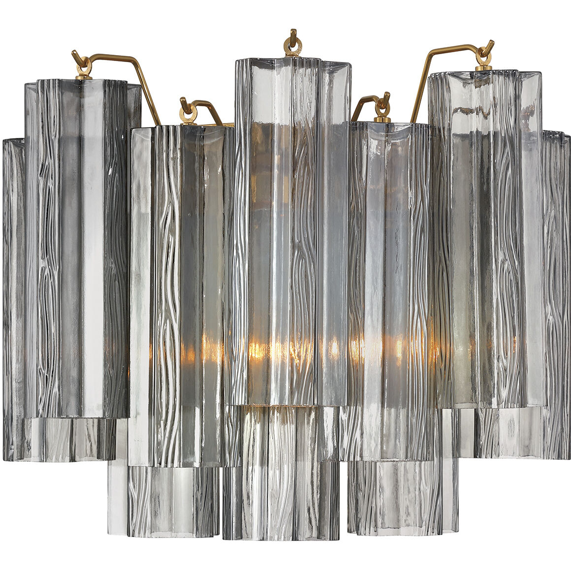 Addis Bath Wall Light in Aged Brass, Tronchi Glass Smoke