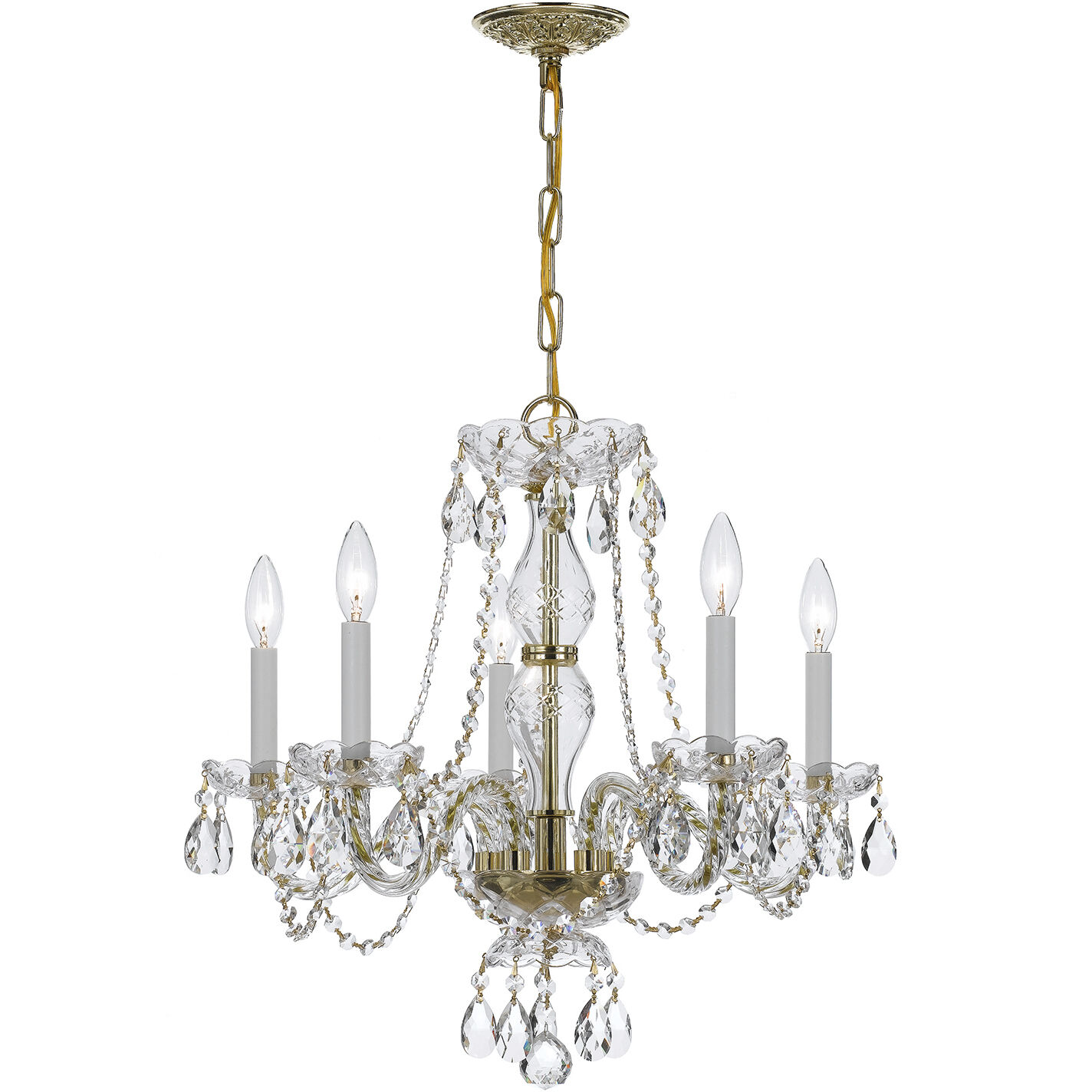 Traditional Crystal 5 Light 21 inch Polished Brass Chandelier Ceiling Light