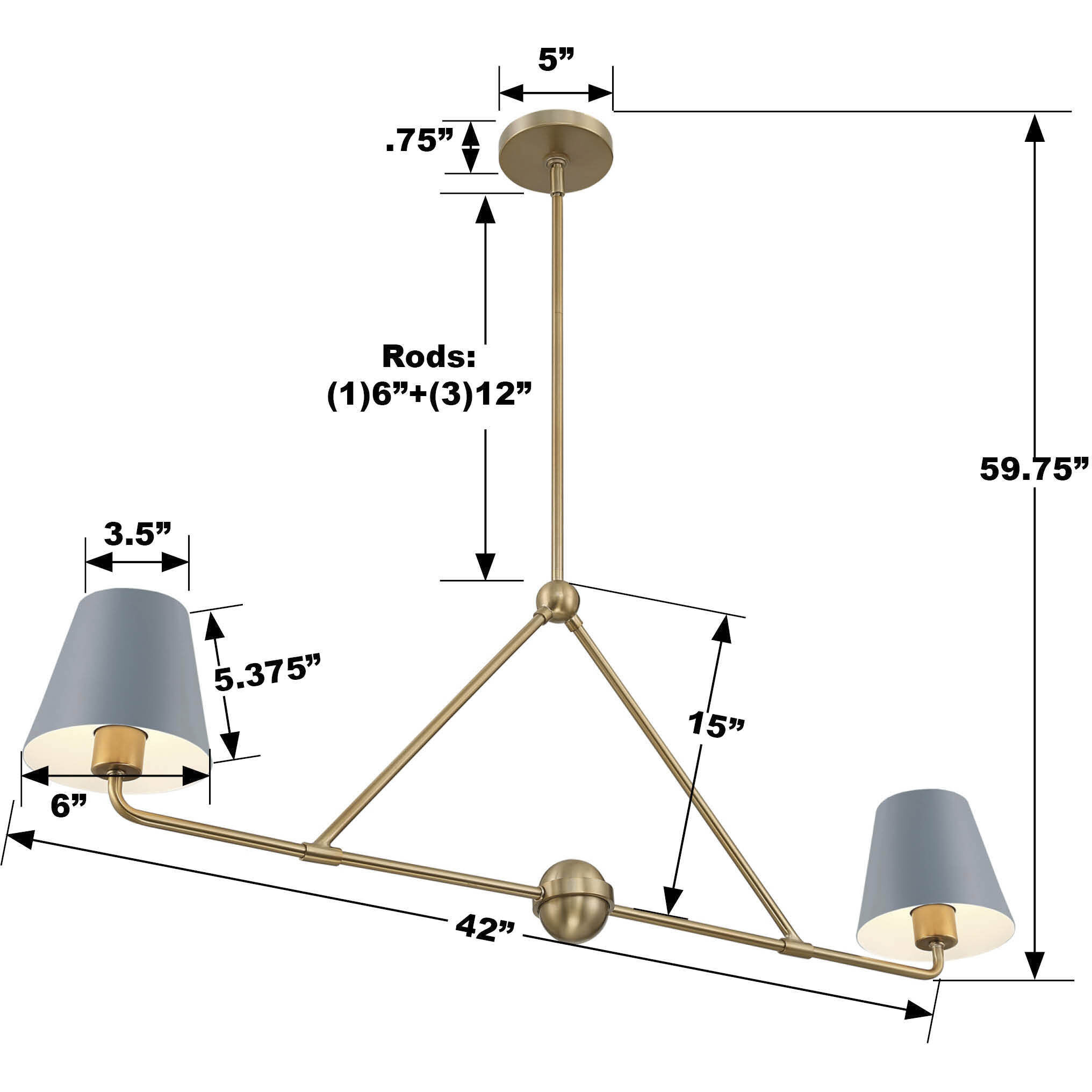 Xavier 2 Light 42 inch Vibrant Gold Linear Chandelier Ceiling Light in Vibrant Gold and Blue