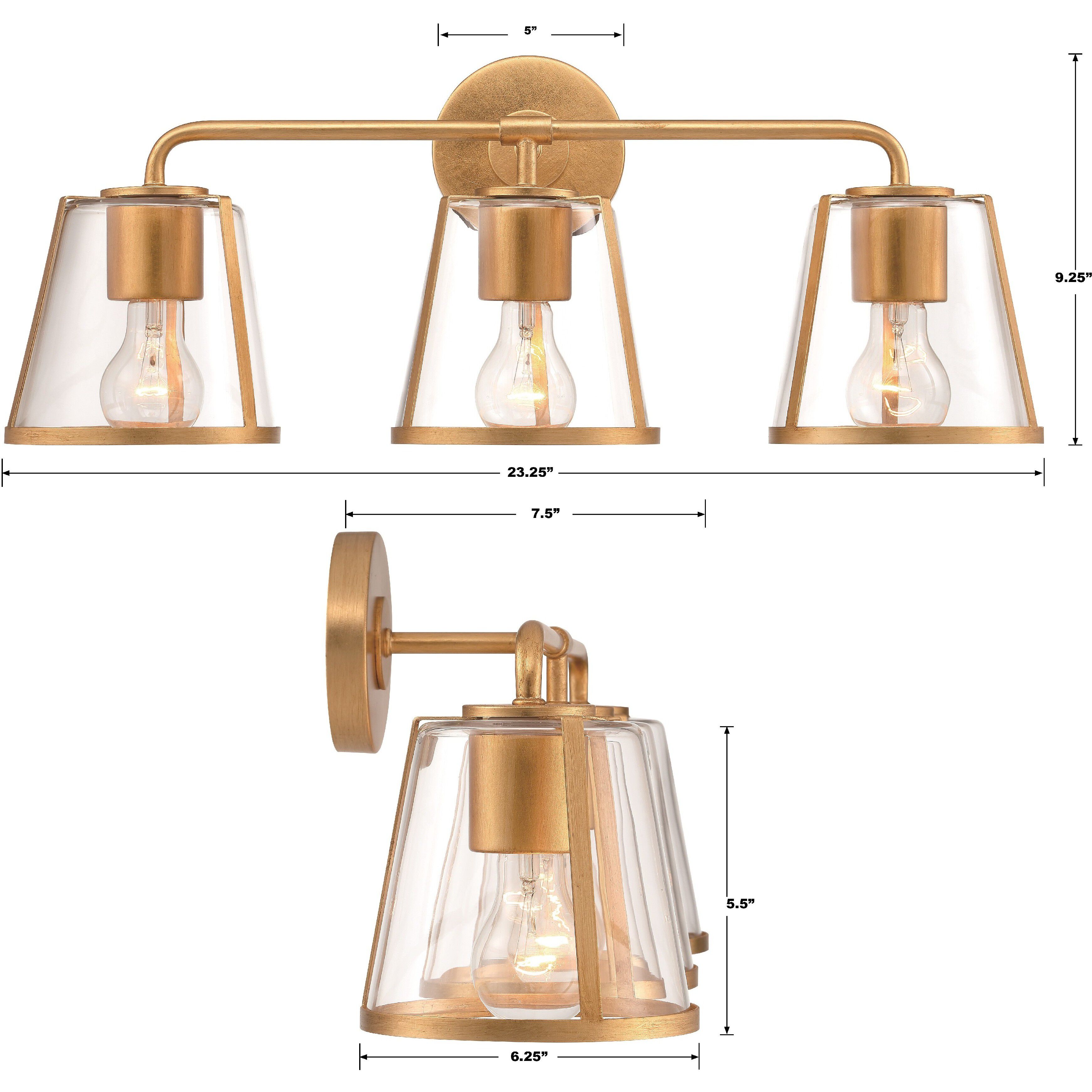 Fulton 3 Light 23.25 inch Antique Gold Bathroom Vanity Light Wall Light in Clear