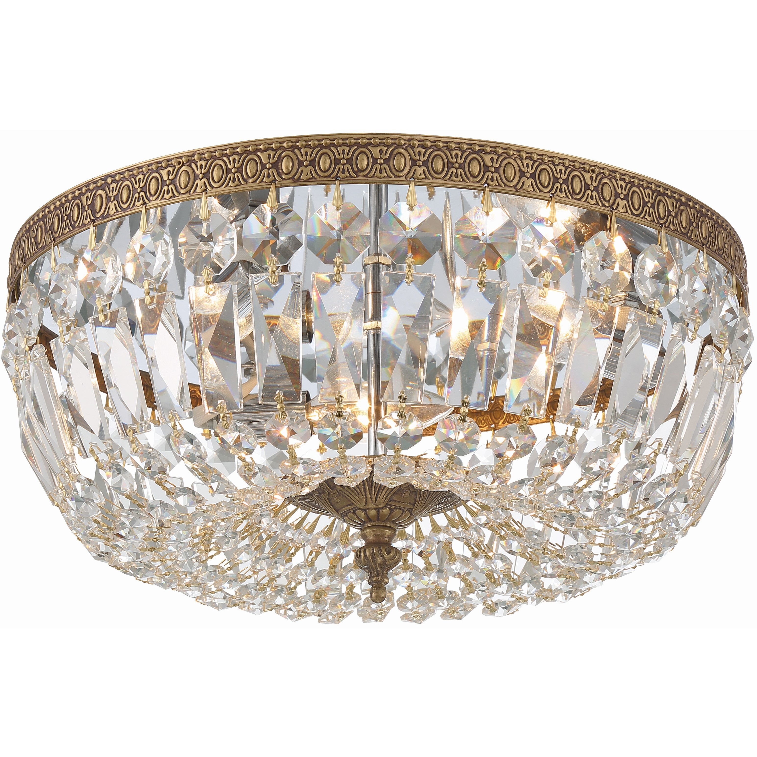 Waltham 3 Light 14 inch Olde Brass Flush Ceiling Light in Clear Hand Cut
